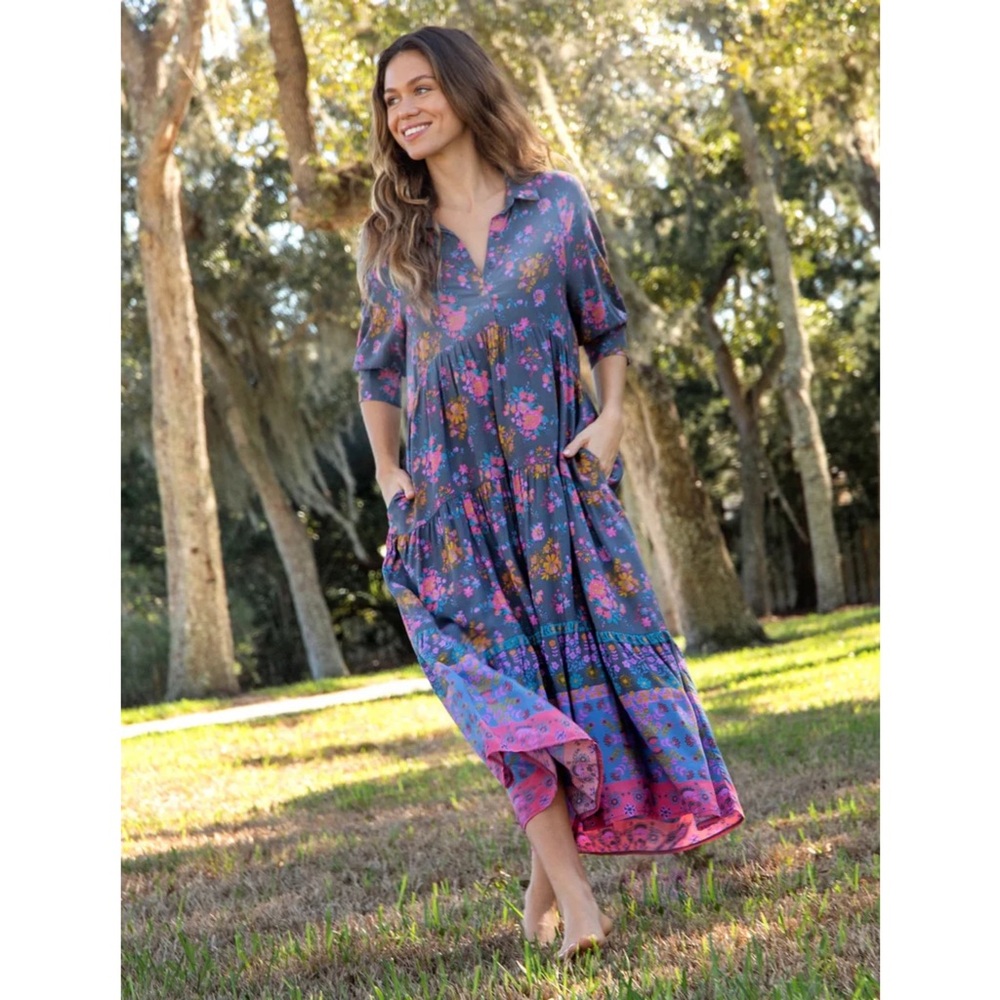 NATURAL LIFE Blue Floral Midi Dress with Pink Border